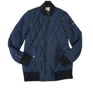 Michael Kors Navy Blue Faux Leather Trim Down Filled Full Zip Puffer Jacket S
